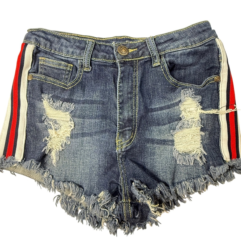 Machine Denim Shorts Women Medium Blue Distressed Frayed Raw Hem Y2K‎ Streetwear